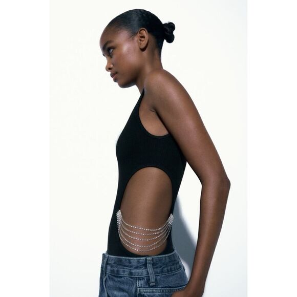 NWT Zara Black Ribbed Limitless Contour Collection Cutout Jewel Bodysuit, XS-S - Picture 5 of 13